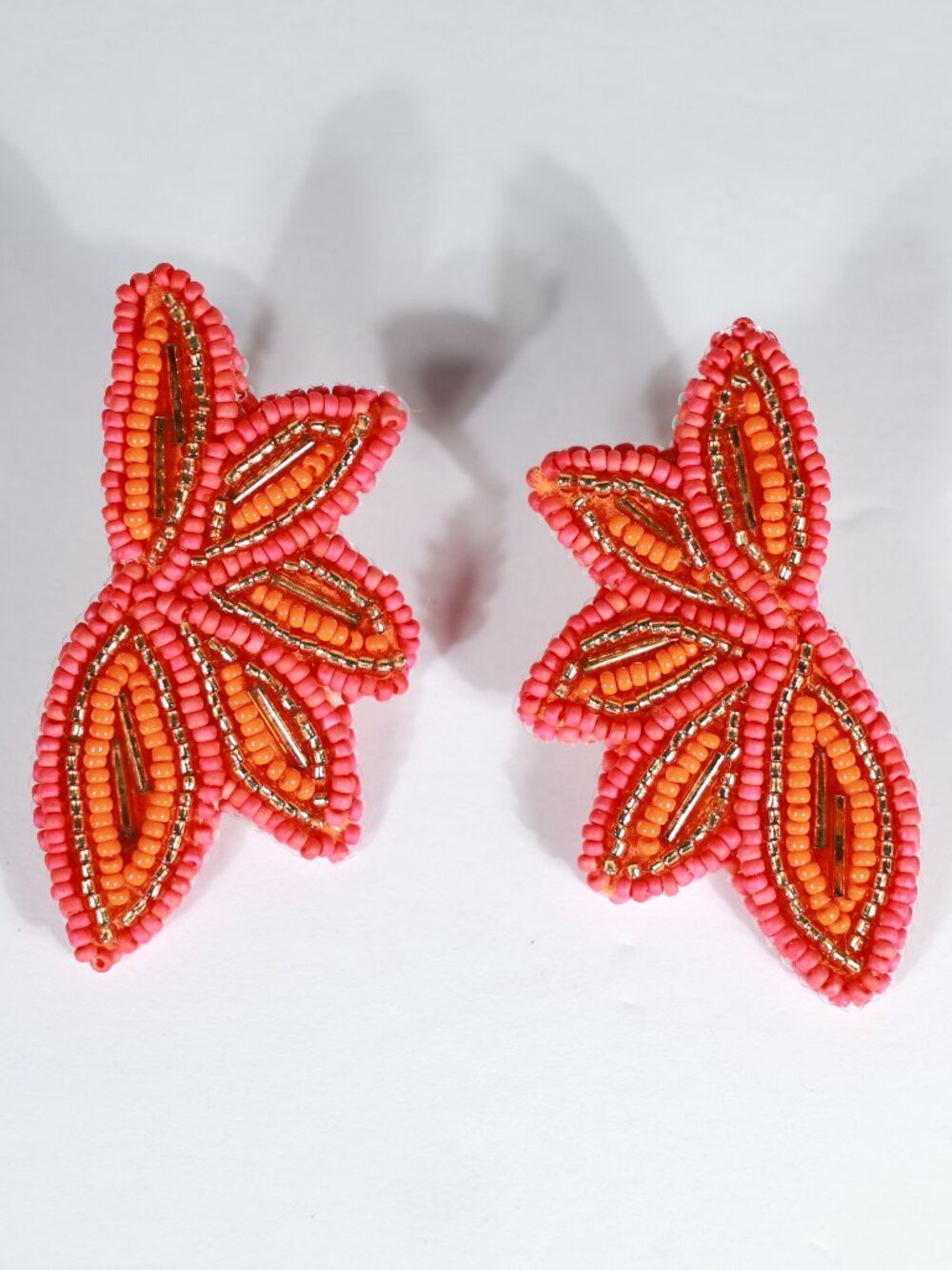 Artisan Handmade Orange Pink Gold tones Leaf Design Earrings Jewelry Gift